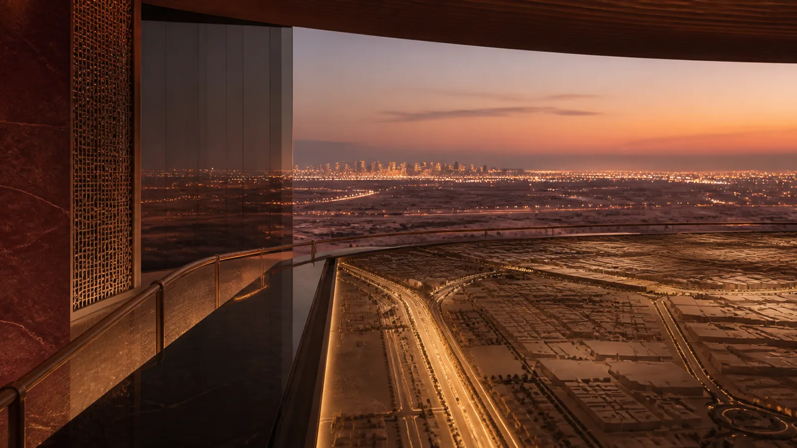 A conceptual Dubai development-land model overlooking the city at dusk